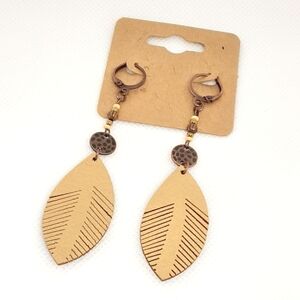 NEW Boho Earrings Wood Leaf & Copper Beads Dangle Gypsy Style Cottagecore
